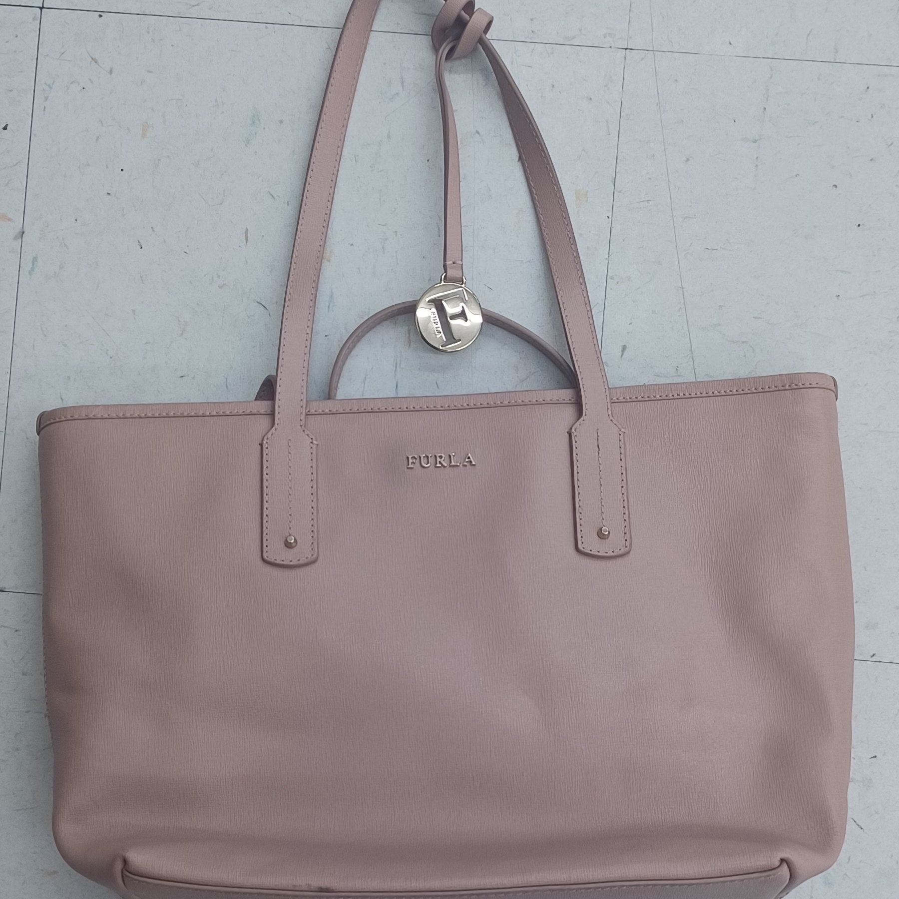 Furla Blush Pink Leather Tote With Logo Charm
